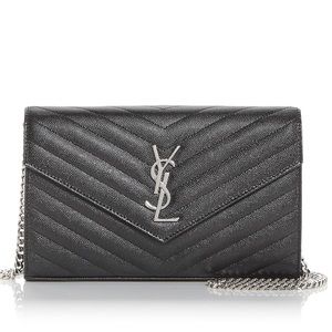 YSL Monogram Quilted Leather Chain Wallet - Black with Silver Hardware